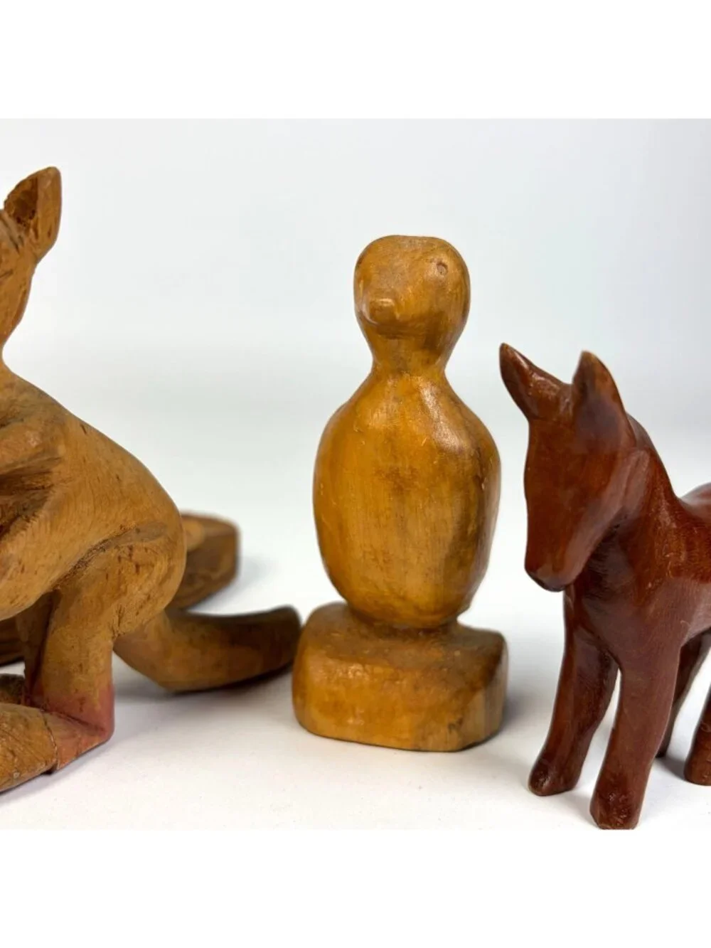Lot of 4 Hand Carved Wooden Animal Figurines Beaver Horse Kangaroo Bird Rustic
